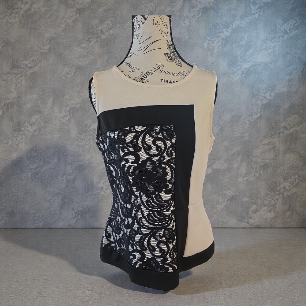 Worthington Black and Cream Lace‎ Trim Top